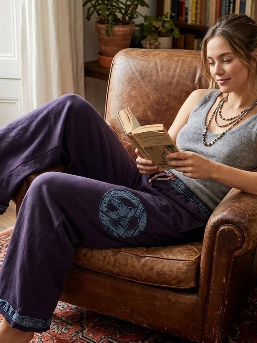 Umgee Navy Graphic Relaxed Wide Leg Pants